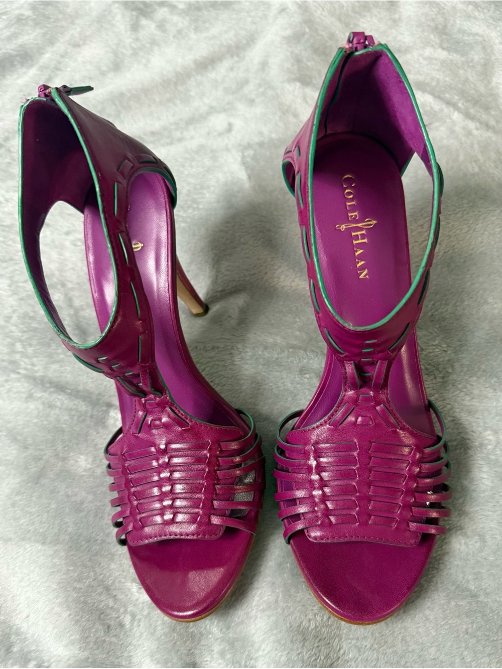 Cole Haan Magenta Strappy High Heel Sandals with Green Trim